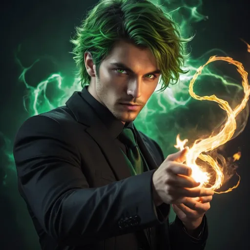 Prompt: a handsome man wielding fire magic, comma hair, black suit, high resolution, green piercing eyes, dramatic lightning