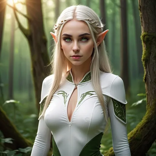 Prompt: A beautiful elf woman with white tight clothes, long hair, innocent green eyes, full body from head to feet, thick eyebrows, symmetrical face, forest background, peaceful ambience, dramatic lightning, realistic, detailed, cool weather