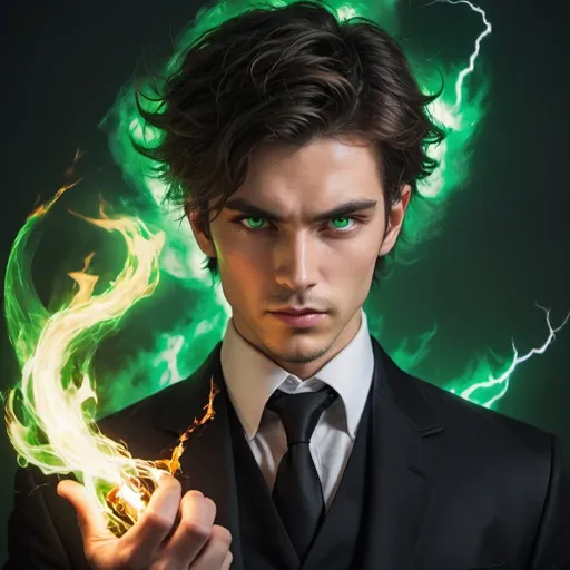 Prompt: a handsome man wielding fire magic, comma hair, black suit, high resolution, green piercing eyes, dramatic lightning