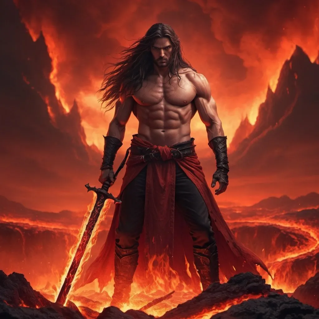 Prompt: a man standing in hell holding a red sword, long hair, chaos, fire, lava, high resolution, realistic, red sky