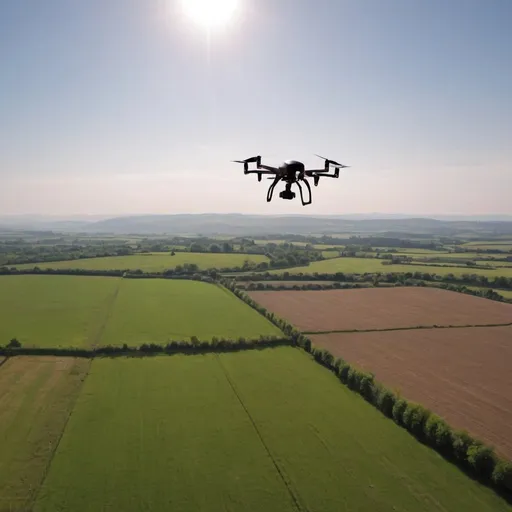 Prompt: A drone flying over the horizon overlooking the wide open contryside