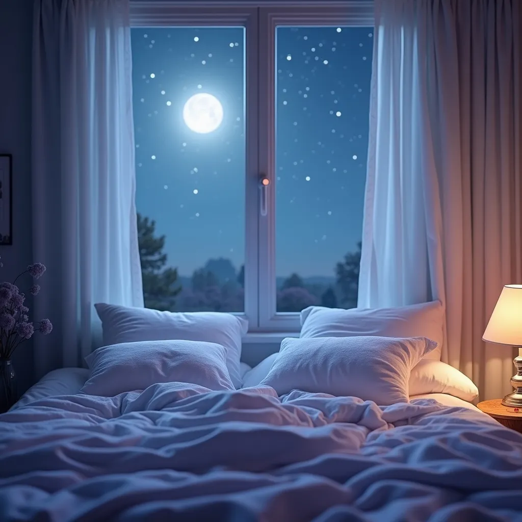 Prompt: "A serene and calming visual for sleep promotion. A tranquil bedroom setting with soft moonlight streaming through a window overlooking a starry night sky. A cozy bed with fluffy white bedding and lavender accents, illuminated by a warm bedside lamp. Gentle colors like pastel blues, lavenders, and whites create an atmosphere of deep relaxation and peace."