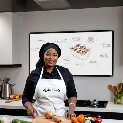 Prompt: Create an image of a female Nigerian Chef cooking wearing an apron cooking In a modern kitchen. A small whiteboard can be seen at the wall with the inscription "DIGITAL WEALTH FOODS"