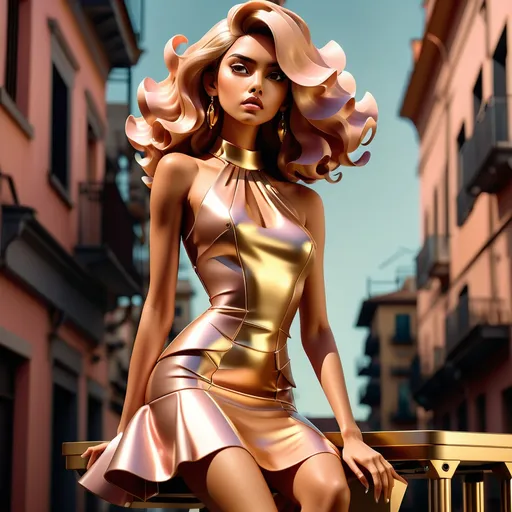 Prompt: Latin woman with model structure, channeling high-fashion elegance, perched on a raised platform, HD studio illustration, gear mecha accents, Italian street scene, gold dress, minimalist chic style, long luminescent hair, narrative depth in eyes, rose-hued cheeks, captured with Canon EOS R5 RF24-105mm F2.8 L IS USM lens, ultra realistic, vivid colors, photorealistic port