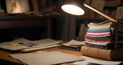 Prompt:  A wide shot of Luke’s desk, filled with fabric swatches, sketchbooks, and crumpled paper, showing his struggle to bring his dream to life. The dimly lit atmosphere emphasizes the weight of his choices, with his focused expression illuminated by the desk lamp. In the background, a childhood sketchbook peeks out from under a pile of papers, symbolizing his reawakened passion.

