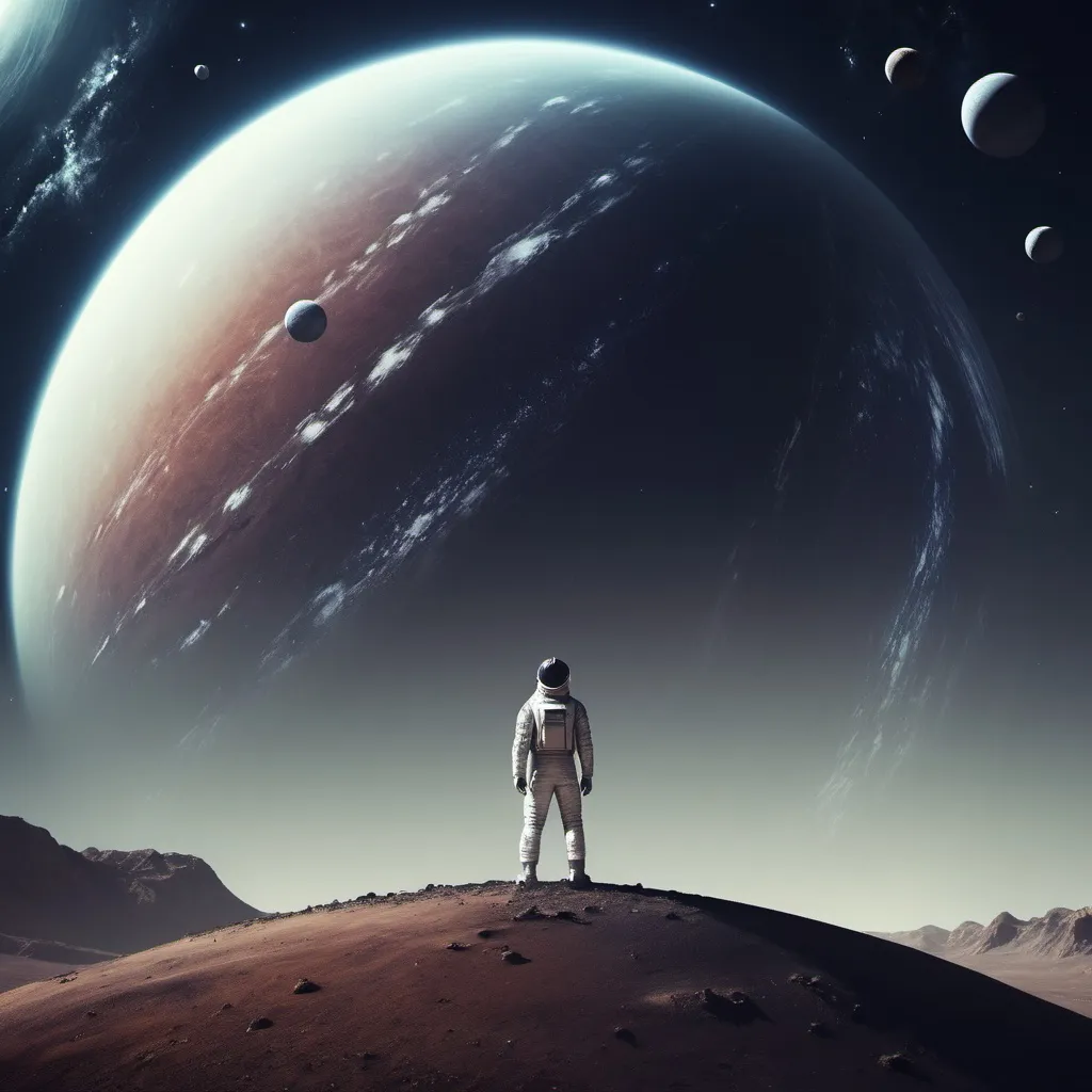 Prompt: A man Stand on a planet and looking Space.