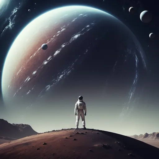 Prompt: A man Stand on a planet and looking Space.