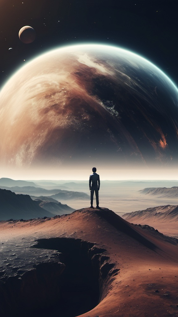 Prompt: A man Stand on a planet and looking Space.