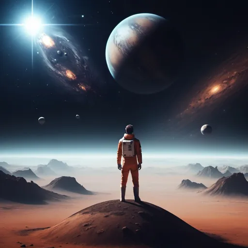 Prompt: A man Stand on a planet and looking Space.