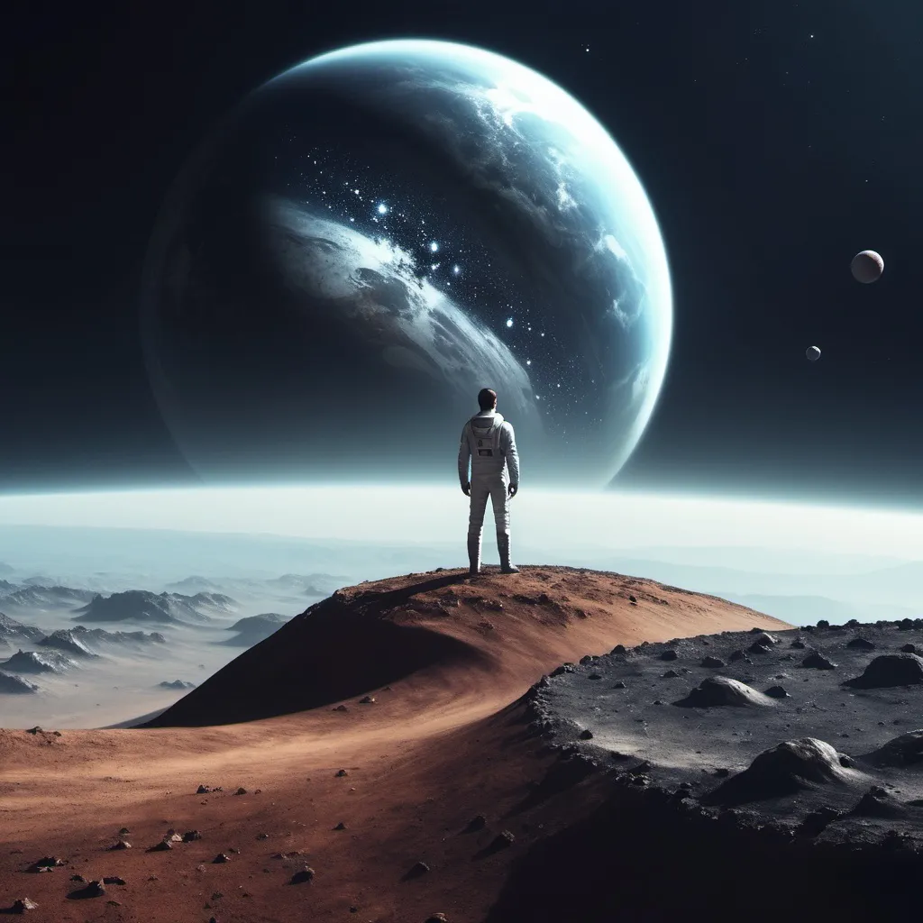 Prompt: A man Stand on a planet and looking Space.