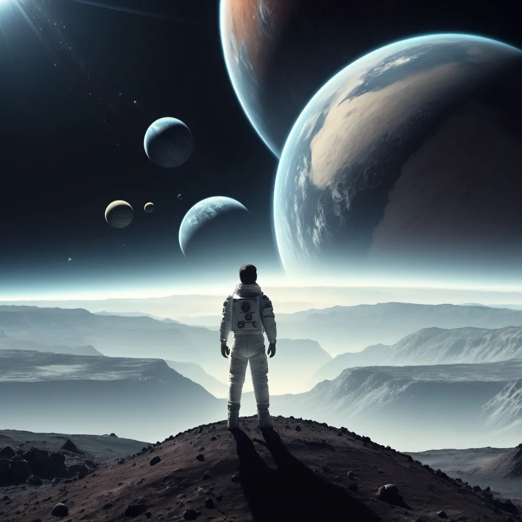 Prompt: A man Stand on a planet and looking Space.