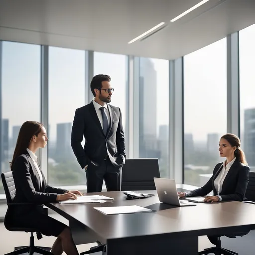 Prompt: A modern corporate office setting where a professional individual, dressed in formal attire, sits at a sleek desk engaged in a strategic negotiation with colleagues. The ambiance reflects professionalism, with large windows allowing natural light to illuminate the room, minimalist décor, and advanced technology visible in the background. The colleagues, each presenting their viewpoints, are focused, as the central figure confidently leads the discussion, conveying authority and clarity. The meeting exudes an atmosphere of collaboration, critical decision-making, and the pursuit of innovative solutions to drive the business forward.