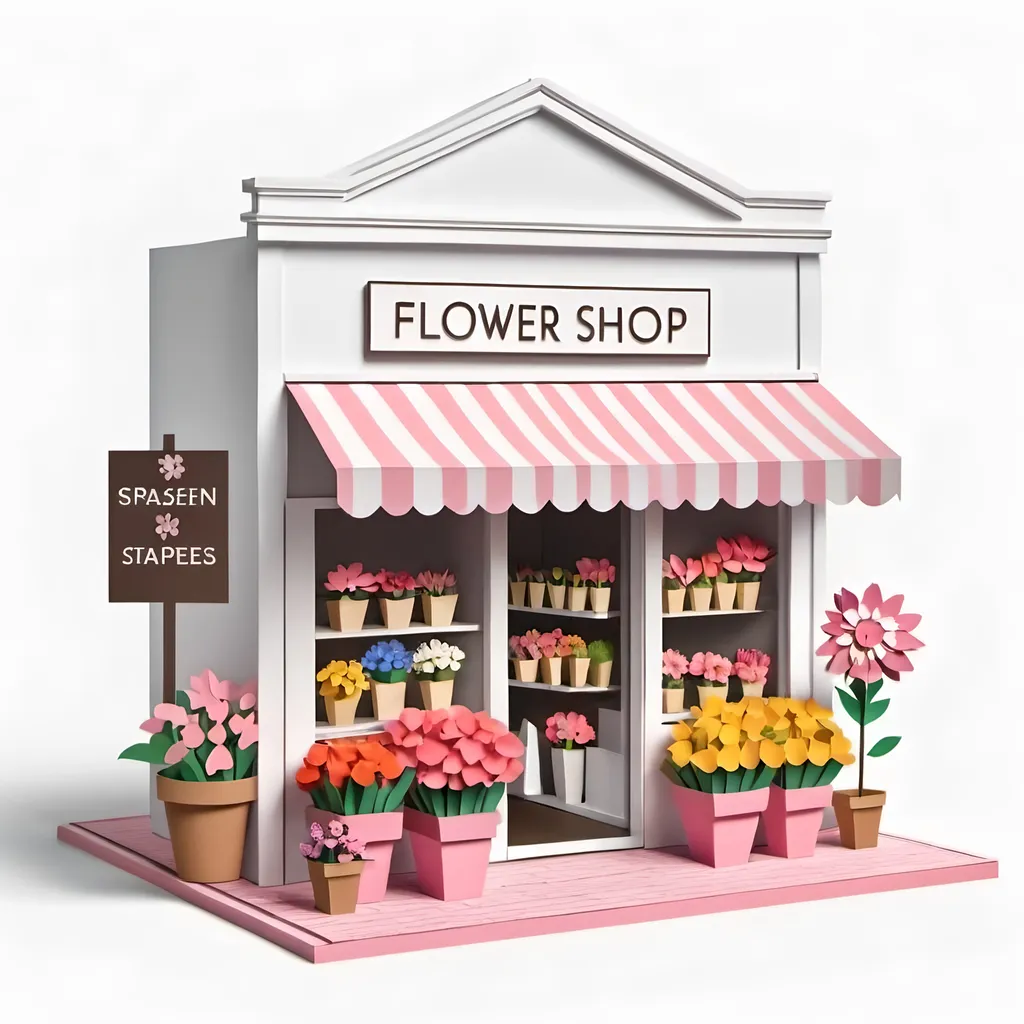 Prompt: Create image of flower shop,Paper Model clipart, 3d, craft, cartoon, white background