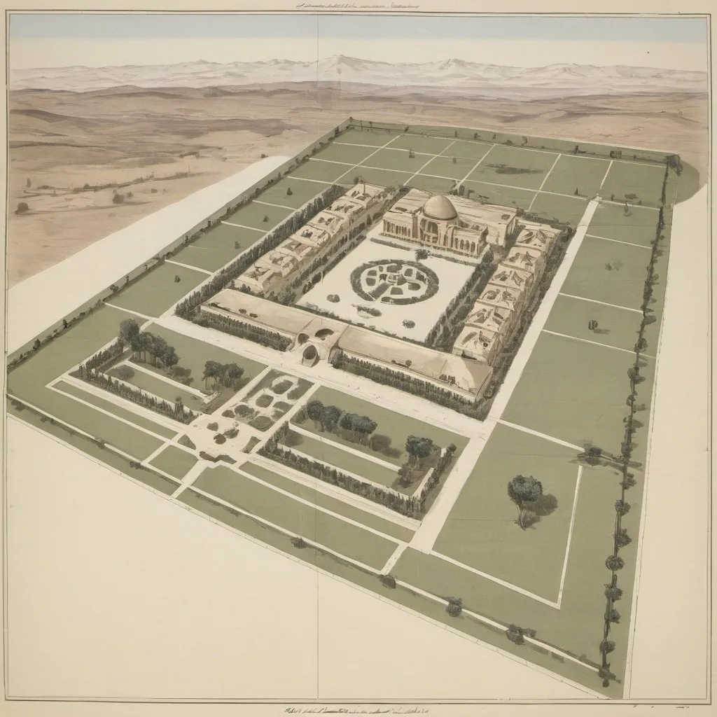 Prompt: Plan of a car exhibition in the late Ottoman era in Syria with gable on a plot of land between 128 and 256. The exhibition will be in the shape of the Mercedes logo.