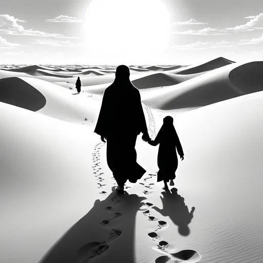 Prompt: B&W coloring book page, a man wearing a hijab and a small girl wearing a burka holding hands and  walking in a desert towards sand dunes.they are tiny figures close to the other end of the picture.  their footprints are on the sand behind them when they walk far. No footprints at their sides or infront of them
.the sun is high up in the sky.They are the only people in the science.  line art, solid white background