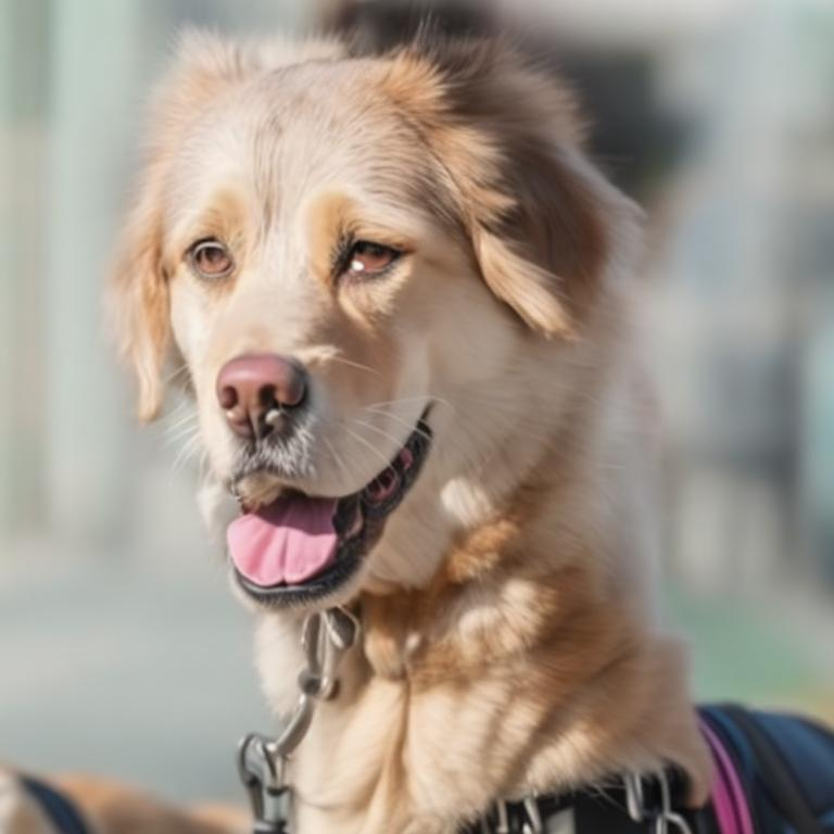 Prompt: AI dog walking with blind woman in trafficated street,