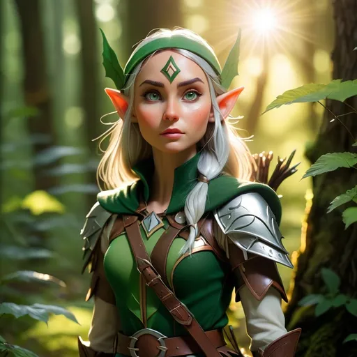 Prompt: Elf ranger in a mystical forest around sunlight