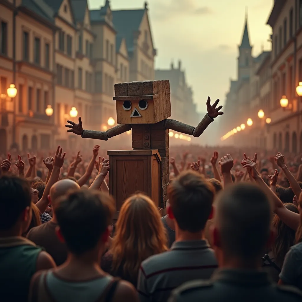 Prompt: a cheering crowd in a town square. in front of the crowd is a stage with a speakers podium. a square wooden block post is the speaker. the post has <myself> facial features and looks insane. the post wears a military cap. the post speaks intensly with risen arms. the lighting of the scene ist intense with contrast colors.