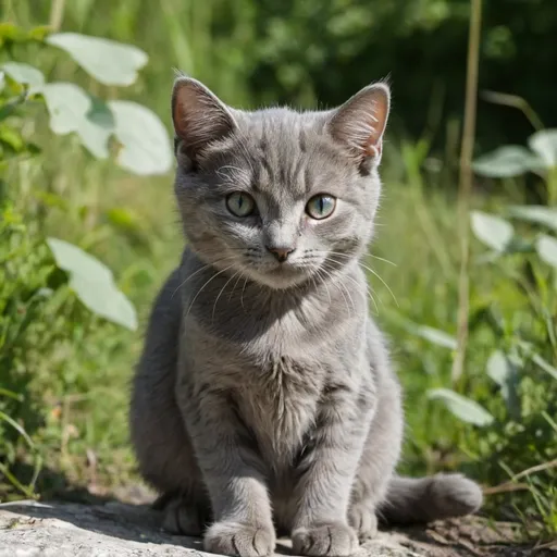 Prompt: a little cat grey color in the middle of nature in a suny day