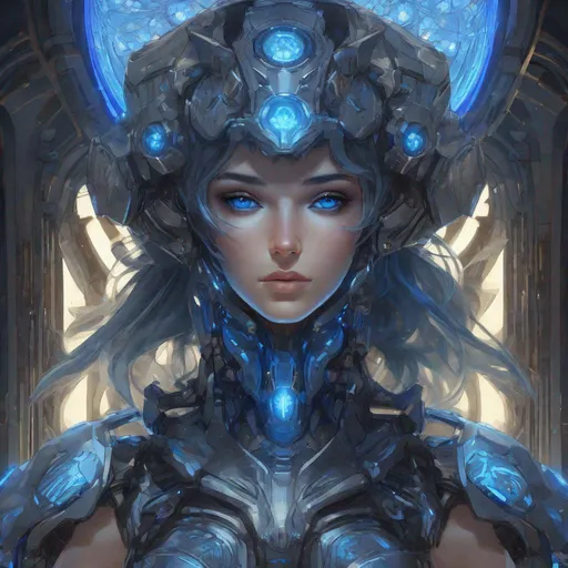 Prompt: a beautiful mech girl with black armour and blue lights, alphonse mucha, dynamic lighting, hyperdetailed, intricately detailed, volumetric lighting