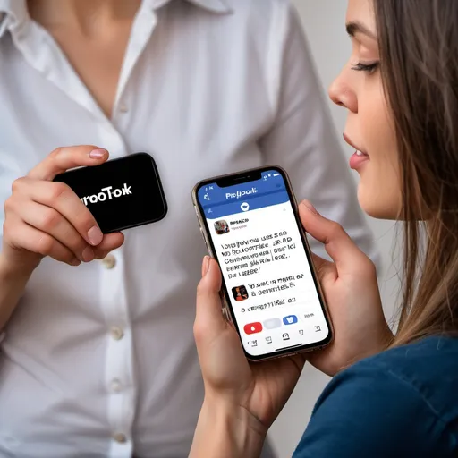 Prompt: a woman holding a cell phone with a message on it that says propluse vos comptes tiktok, facebook, facebook & youtube, Évariste Vital Luminais, les automatistes, thierry doizon, a stock photo