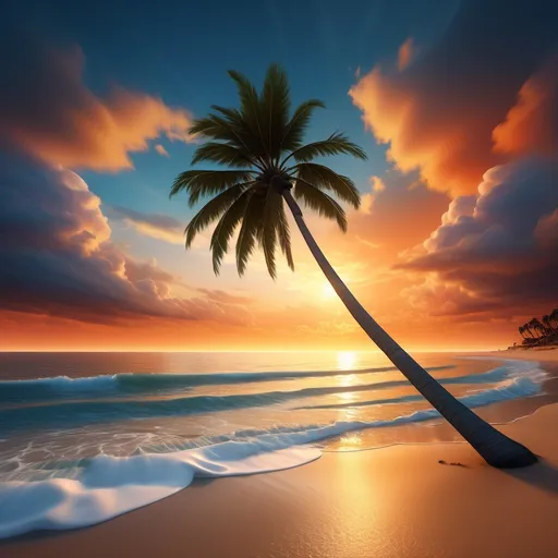 Prompt: (accurately spelled text "UNWYND"), palm tree, (luxurious) tropical beach, (breathtaking scenery), (sunset hues) blending warm oranges and serene blues, (inviting) calm waves lapping at the shore, (ethereal) clouds forming the text, (high resolution) 4K, (serene ambiance) exuding tranquility, (glossy texture), ideal for luxury ads, (immersive composition) capturing idyllic beauty.