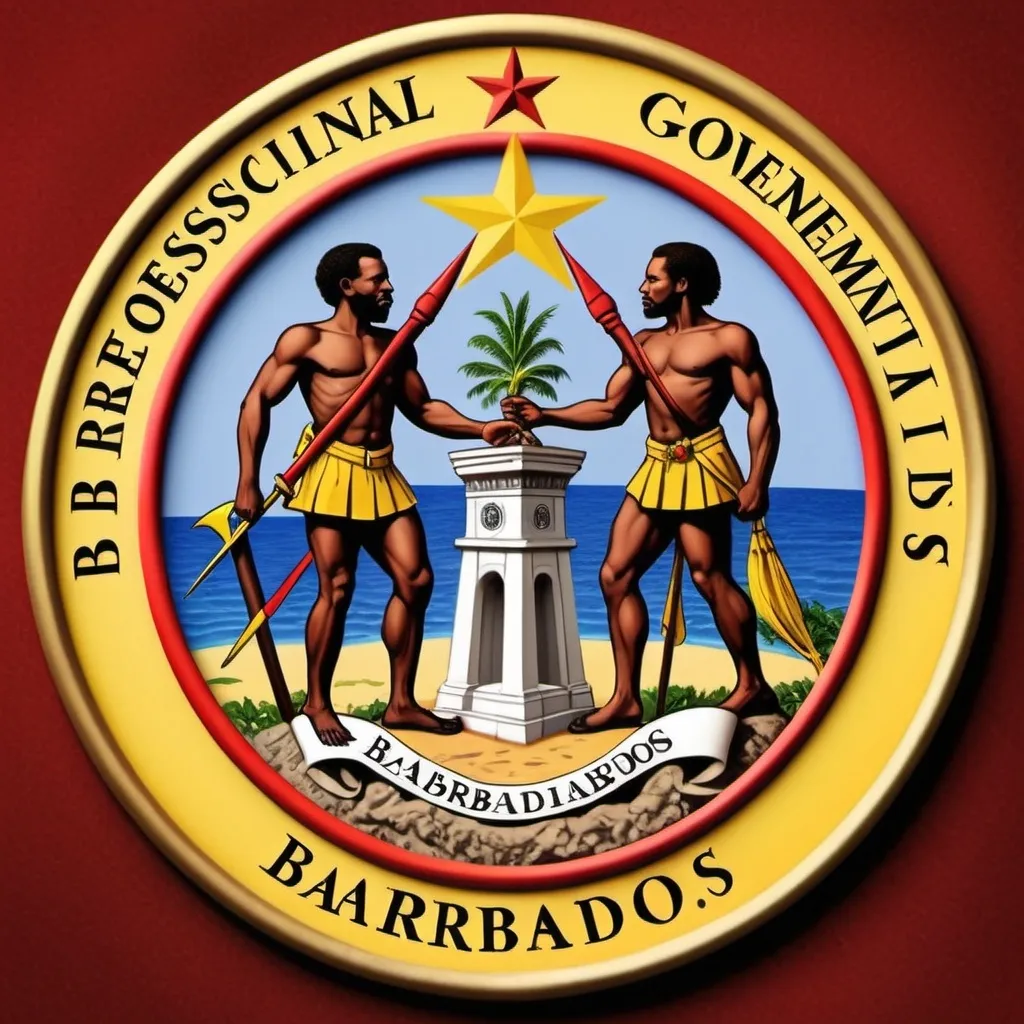 Prompt: (professional government seal), intricate emblem design, elegant detailing, symbolic elements representing power and governance. For the Government of the Democratic Republic of Barbados Island