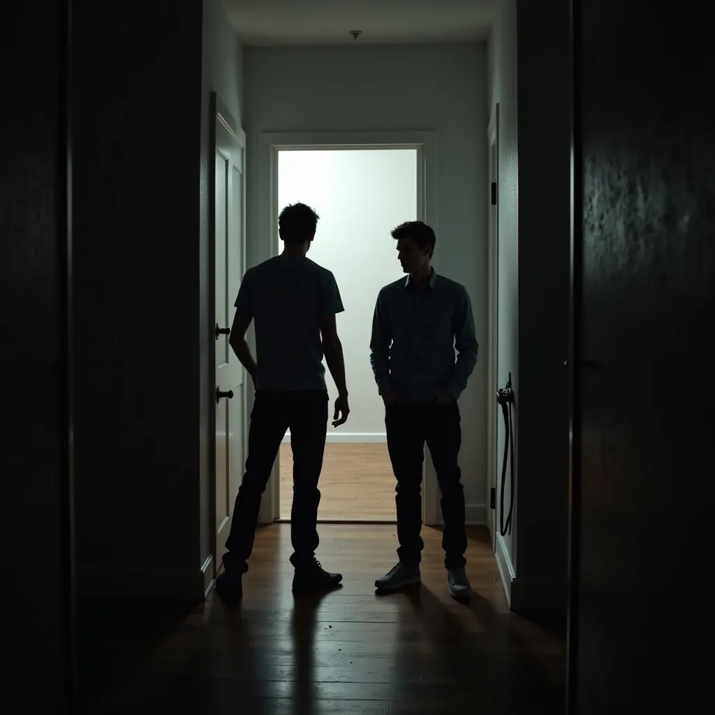 Prompt: Two young men stand in the middle of the house with all the lights turned off in a terrifying atmosphere