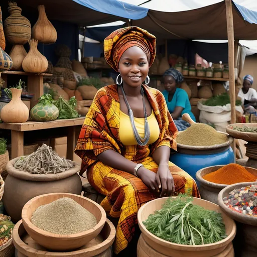 Prompt: A typical traditional herb seller in a bustling African market, surrounded by an assortment of herbs, roots, and bottles filled with herbal mixtures. The seller, a young vibrant beautiful Nigerian woman is seated on a wooden stool, wearing a vibrant African print wrapper and headscarf. Her stall is a wooden table covered with neatly arranged herbs, small calabashes, and traditional medicine bottles, with hand-painted labels. Behind her, a colorful backdrop of market activities, including other traders, woven baskets, and produce stalls, adds life to the scene. The atmosphere feels vibrant and authentic, with sunlight casting warm tones over the market and customers browsing curiously.