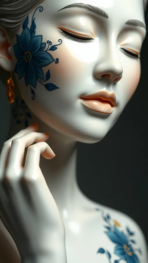 Prompt: (Super low and wide angle view) Create a close-up sculpture of a portrait woman with a smooth, glossy ceramic-like surface. The sculpture should feature intricate blue floral patterns and delicate gold accents that gracefully (kintsugi style) follow the natural contours of her body. The woman’s expression is peaceful, with closed eyes and softly pressed lips, exuding a sense of calm and tranquility. Her pose is elegant, with one hand gently resting on her chin, and her head slightly tilted in a thoughtful manner. The lighting should be soft and diffused, emphasizing the glossy finish of the porcelain and the subtle contrasts between the white, blue, and gold elements. The overall style should blend classical ceramic artistry with a modern, minimalist aesthetic, capturing both the fragility and sophistication of the subject. Hyper realistic style, abstract, cinema tone, warm lighting, ultra detail glossy ceramic material.