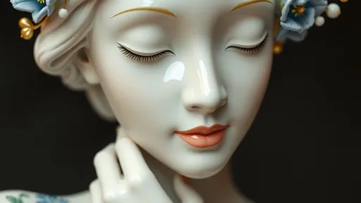 Prompt: (Super low and wide angle view) Create a close-up sculpture of full body a woman with a glossy ceramic-like finish. The statue should have a smooth, glossy ceramic, adorned with intricate blue floral patterns and gold accents (resembling the Japanese art of Kintsugi). The expression on her face is calm and peaceful, with closed eyes and gently pursed lips, evoking a sense of tranquility. She is posed with one hand resting lightly on her chin, her head slightly tilted, suggesting a thoughtful, introspective mood. The camera angle should be close-up, focusing on the upper body and her face, highlighting the delicate floral designs and the refined texture of the porcelain. The overall style blends classical ceramic artistry with modern minimalism, using a soft, diffused light to emphasize the elegant contrasts between the white, blue, and gold colors. Hyper realistic style, abstract, cinema tone, warm lighting, ultra detail glossy ceramic material.