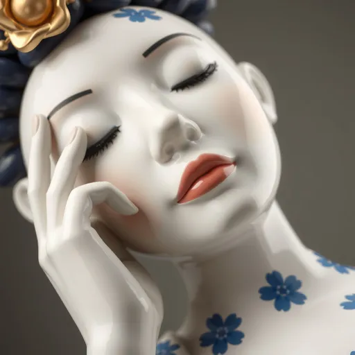 Prompt: (Super low and wide angle view) Create a close-up sculpture of full body a woman with a glossy ceramic-like finish. The statue should have a smooth, glossy ceramic, adorned with intricate blue floral patterns and gold accents (resembling the Japanese art of Kintsugi). The expression on her face is calm and peaceful, with closed eyes and gently pursed lips, evoking a sense of tranquility. She is posed with one hand resting lightly on her chin, her head slightly tilted, suggesting a thoughtful, introspective mood. The camera angle should be close-up, focusing on the upper body and her face, highlighting the delicate floral designs and the refined texture of the porcelain. The overall style blends classical ceramic artistry with modern minimalism, using a soft, diffused light to emphasize the elegant contrasts between the white, blue, and gold colors. Hyper realistic style, abstract, cinema tone, warm lighting, ultra detail glossy ceramic material.