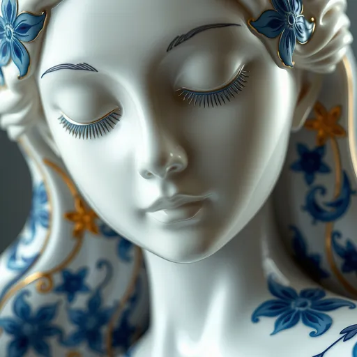 Prompt: (Super low and wide angle view) Create a close-up sculpture of full body a woman with a glossy ceramic-like finish. The statue should have a smooth, glossy ceramic, adorned with intricate blue floral patterns and gold accents (resembling the Japanese art of Kintsugi). The expression on her face is calm and peaceful, with closed eyes and gently pursed lips, evoking a sense of tranquility. The camera angle should be close-up, focusing on the upper body and her face, highlighting the delicate floral designs and the refined texture of the porcelain. The overall style blends classical ceramic artistry with modern minimalism, using a soft, diffused light to emphasize the elegant contrasts between the white, blue, and gold colors. Hyper realistic style, abstract, cinema tone, warm lighting, ultra detail glossy ceramic material.