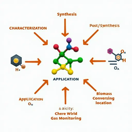 Prompt: A visually informative diagram illustrates the interconnected processes of synthesis, characterization, and application in a scientific context. At the center, a molecular structure made up of vibrant colors highlights the importance of these elements, while three key sections—Synthesis, Characterization, and Application—encircle it. Arrows point to various methods and areas related to these processes: Direct synthesis and Post synthesis, along with applications in biomass conversion, gas monitoring, and chemical synthesis. Surrounding the core, terms like coordination states, location, acidity, and the symbols for H⁺ and OH⁻ elaborate on the characterization aspects, suggesting a comprehensive approach to understanding and utilizing chemical compounds. The overall style is clean and educational, using icons and illustrations to present complex ideas in an accessible manner.