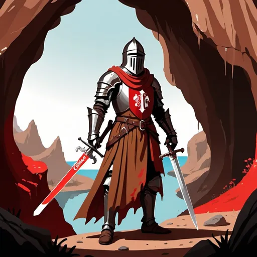 Prompt: A knight dressed in brown clothes and a red coke holding a sword near a cave