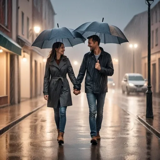 Prompt: A happy husband and wife are holding hands and walking. The rain is falling on them and the wind is also falling on them. They are holding an umbrella. The weather is cloudy and the lights in the street are bright.