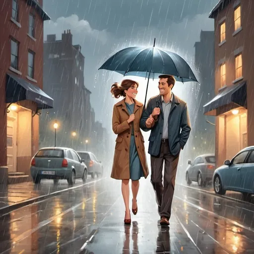 Prompt: A happy husband and wife are holding hands and walking, and the rain is falling on them, and the wind is also strong, and the husband is holding an umbrella in his right hand, and the weather is cloudy, and the lights in the street are bright, cartoon image.