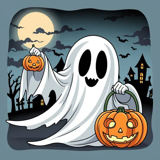 Prompt: Cartoon drawing of Ghost holding a pumpkin lantern