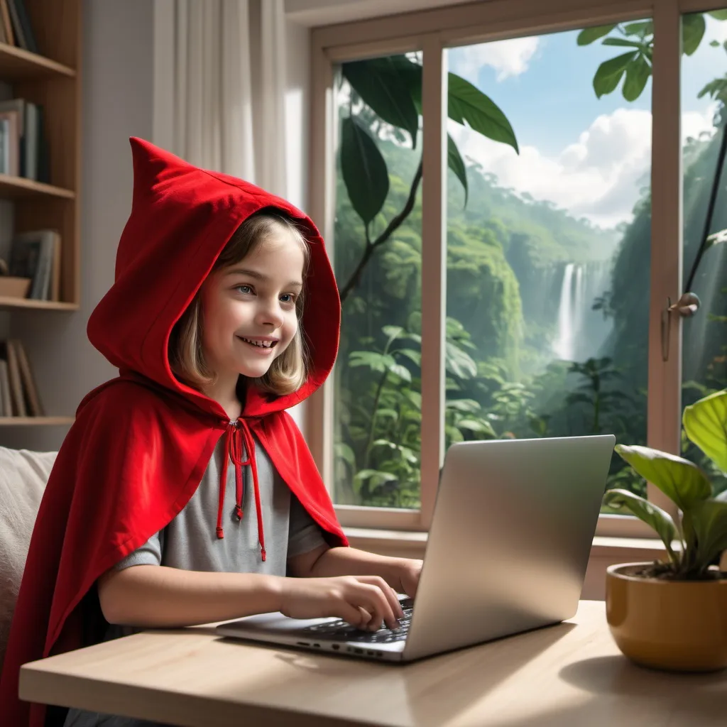 Prompt: Red Riding Hood is sitting happily at her laptop in her living room learning a language online. She has a view of a beautiful jungle from the living room window