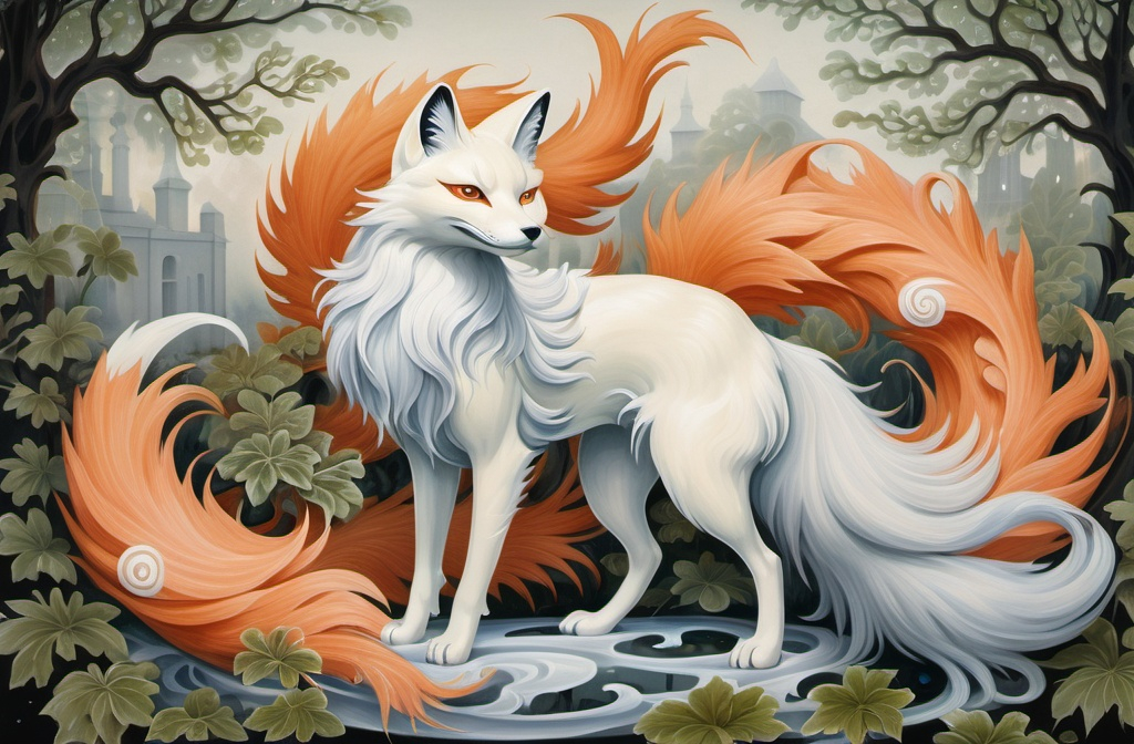 Prompt: In the center of a fantastical gouache painting stands a baroque mesmerizing kitsune, its nine tails swirling elegantly around it. The image, a vividly detailed masterpiece, portrays the mythical creature in a regal stance, surrounded by lush greenery and ethereal wisps of fog. Every brushstroke captures the kitsune's ethereal beauty, from its shimmering silver fur to its piercing amber eyes that seem to glow with an otherworldly light. The depth and richness of color in the painting evoke a sense of wonder and mystique, drawing viewers into the enchanting world of the kitsune.