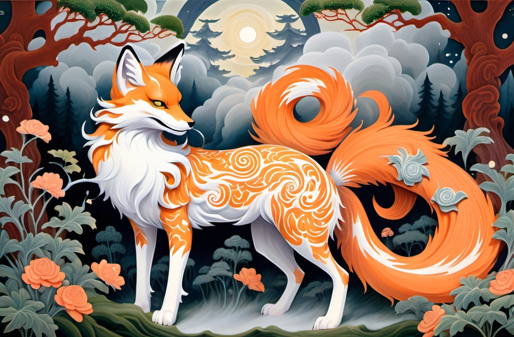 Prompt: In the center of a fantastical gouache painting stands a baroque mesmerizing kitsune, its nine tails swirling elegantly around it. The image, a vividly detailed masterpiece, portrays the mythical creature in a regal stance, surrounded by lush greenery and ethereal wisps of fog. Every brushstroke captures the kitsune's ethereal beauty, from its shimmering silver fur to its piercing amber eyes that seem to glow with an otherworldly light. The depth and richness of color in the painting evoke a sense of wonder and mystique, drawing viewers into the enchanting world of the kitsune.