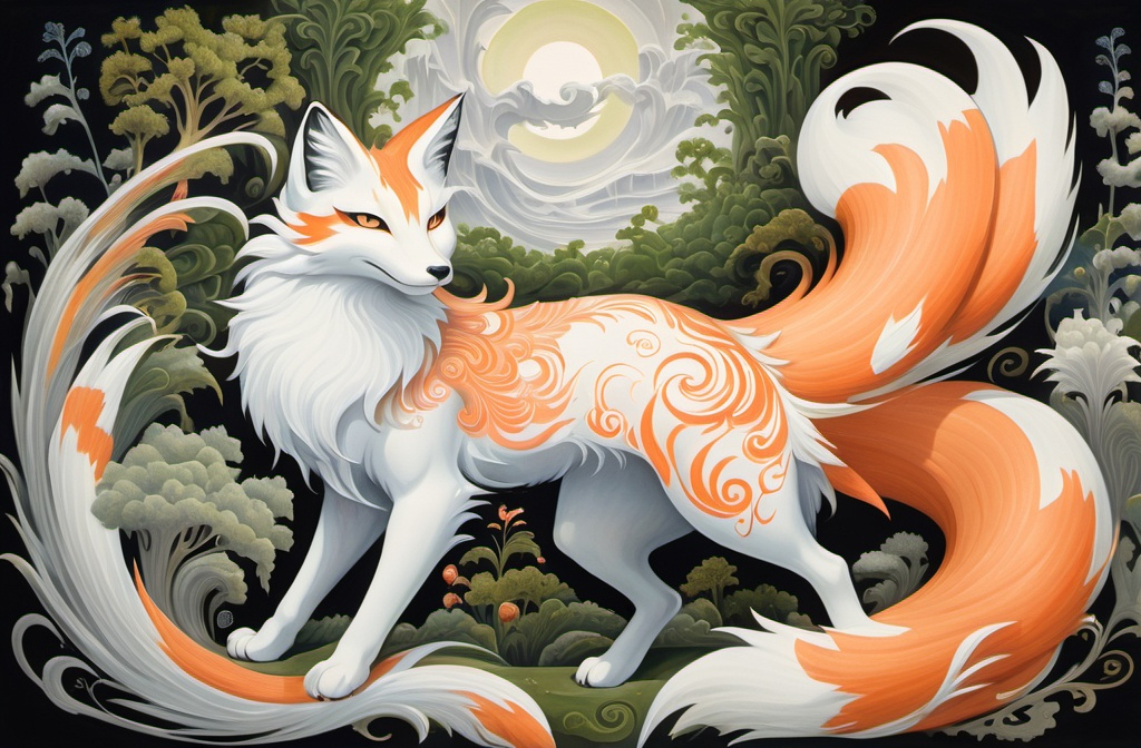 Prompt: In the center of a fantastical gouache painting stands a baroque mesmerizing kitsune, its nine tails swirling elegantly around it. The image, a vividly detailed masterpiece, portrays the mythical creature in a regal stance, surrounded by lush greenery and ethereal wisps of fog. Every brushstroke captures the kitsune's ethereal beauty, from its shimmering silver fur to its piercing amber eyes that seem to glow with an otherworldly light. The depth and richness of color in the painting evoke a sense of wonder and mystique, drawing viewers into the enchanting world of the kitsune.