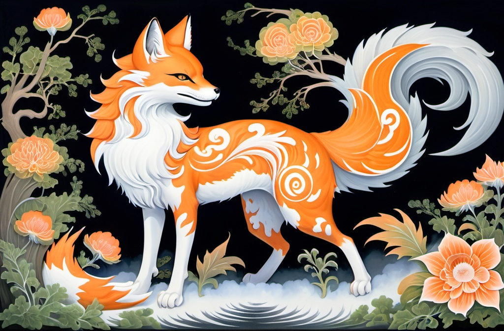 Prompt: In the center of a fantastical gouache painting stands a baroque mesmerizing kitsune, its nine tails swirling elegantly around it. The image, a vividly detailed masterpiece, portrays the mythical creature in a regal stance, surrounded by lush greenery and ethereal wisps of fog. Every brushstroke captures the kitsune's ethereal beauty, from its shimmering silver fur to its piercing amber eyes that seem to glow with an otherworldly light. The depth and richness of color in the painting evoke a sense of wonder and mystique, drawing viewers into the enchanting world of the kitsune.