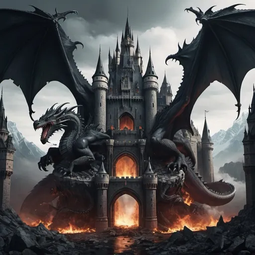 Prompt: A dark high fantasy castle being split in half by a massive dragon