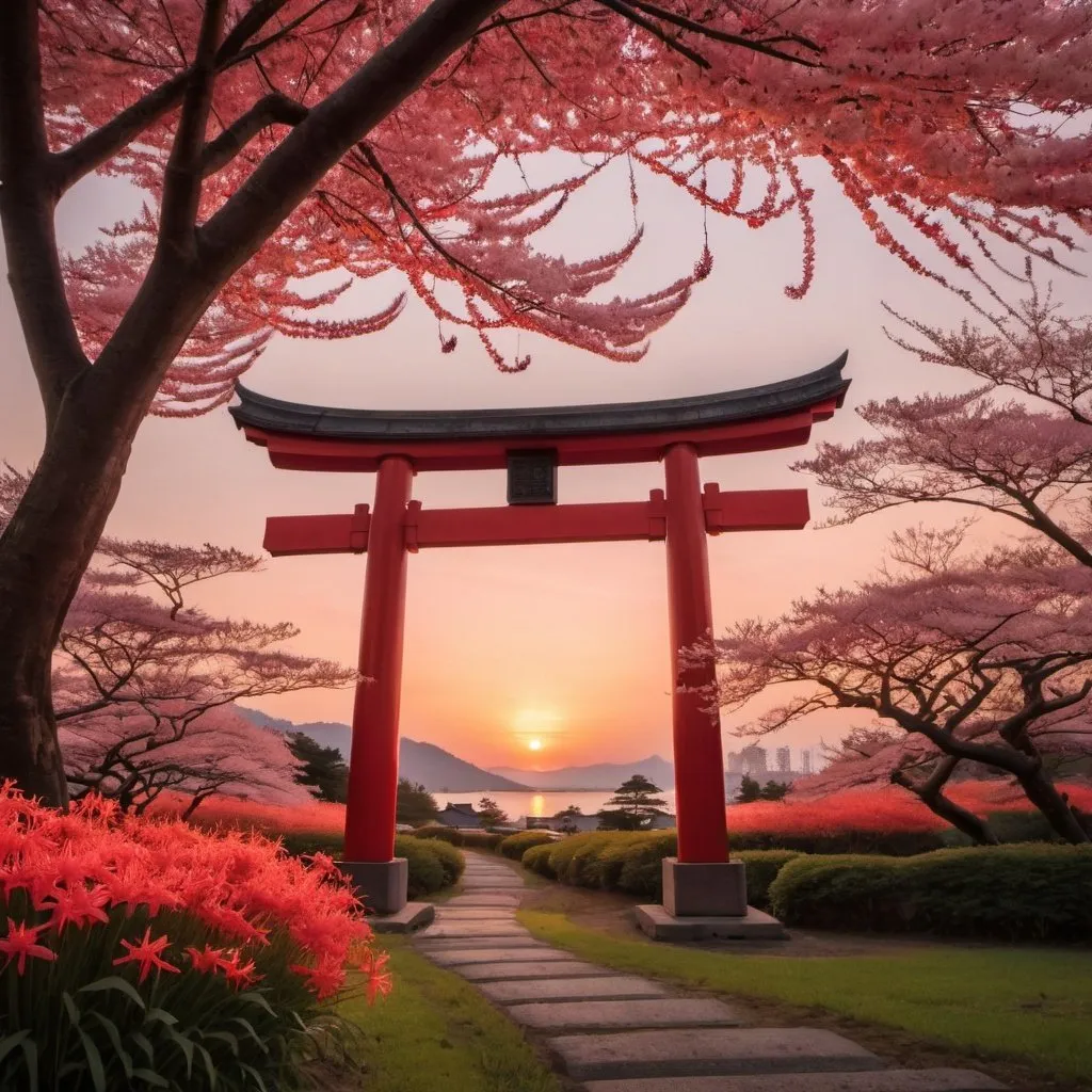 Prompt: Sun setting over a torii gate with a field of red spider lilies and pink cherry trees blossoming