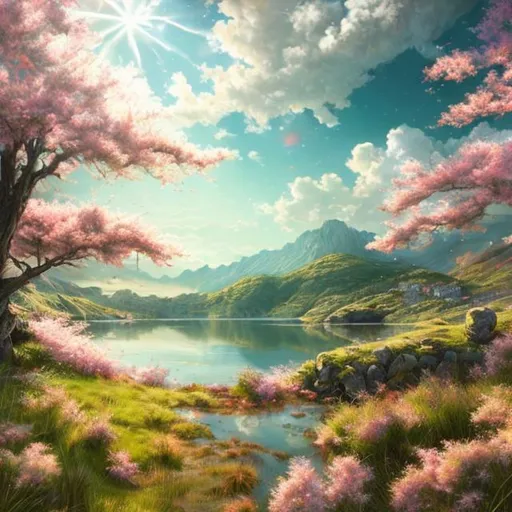 Prompt: art, masterpiece, scenic, anime, hyper realistic masterpiece of a scenic wide shot of a grassy valley, sun beams with hopeful lighting, sparse cheery blossoms, near a lake hyper realistic masterpiece, highly contrast water color pastel mix, sharp focus, digital painting, pastel mix art, digital art, clean art, professional, contrast color, contrast, colorful, rich deep color, studio lighting, dynamic light, deliberate, concept art, highly contrast light, strong back light, hyper detailed, super detailed, render, CGI winning award, hyper realistic, ultra realistic, UHD, HDR, 64K, RPG, inspired by wlop, UHD render, HDR render, with the text "Starting Soon" 