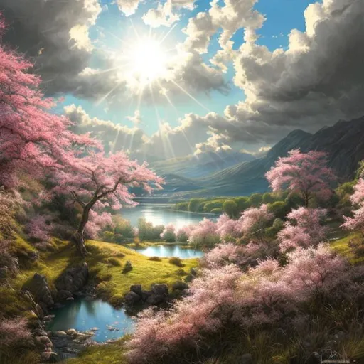 Prompt: art, masterpiece, scenic, anime, hyper realistic masterpiece of a scenic wide shot of a grassy valley, sun beams with hopeful lighting, sparse cheery blossoms, near a lake hyper realistic masterpiece, highly contrast water color pastel mix, sharp focus, digital painting, pastel mix art, digital art, clean art, professional, contrast color, contrast, colorful, rich deep color, studio lighting, dynamic light, deliberate, concept art, highly contrast light, strong back light, hyper detailed, super detailed, render, CGI winning award, hyper realistic, ultra realistic, UHD, HDR, 64K, RPG, inspired by wlop, UHD render, HDR render