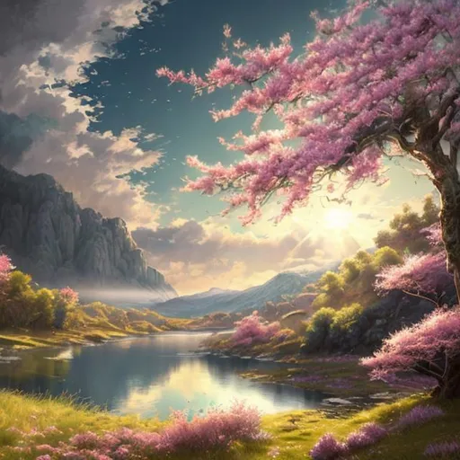 Prompt: art, masterpiece, scenic, anime, hyper realistic masterpiece of a scenic wide shot of a grassy valley, sun beams with hopeful lighting, sparse cheery blossoms, near a lake hyper realistic masterpiece, highly contrast water color pastel mix, sharp focus, digital painting, pastel mix art, digital art, clean art, professional, contrast color, contrast, colorful, rich deep color, studio lighting, dynamic light, deliberate, concept art, highly contrast light, strong back light, hyper detailed, super detailed, render, CGI winning award, hyper realistic, ultra realistic, UHD, HDR, 64K, RPG, inspired by wlop, UHD render, HDR render