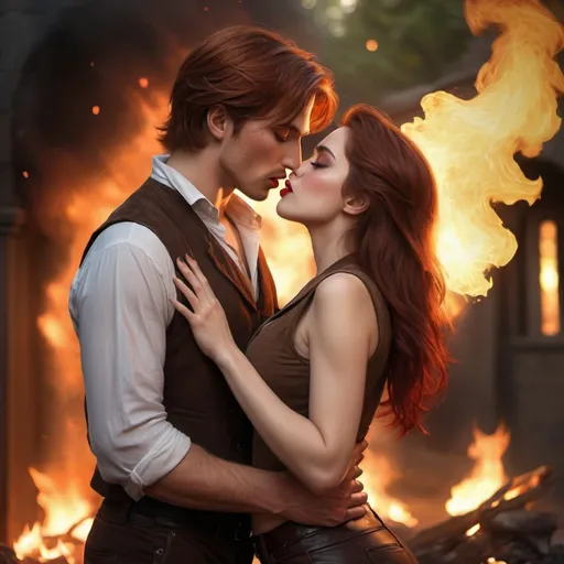 Prompt: Enhanced, morning fire magic kiss, highres, detailed, romantic, fantasy, auburn-haired woman with red lips and burn scar, dark-haired man in brown vest and pants, fire magic, bhindi, romantic, detailed facial features, passionate kiss, early morning lighting, fantasy setting, magical atmosphere, warm tones, professional, detailed clothing, emotional expression