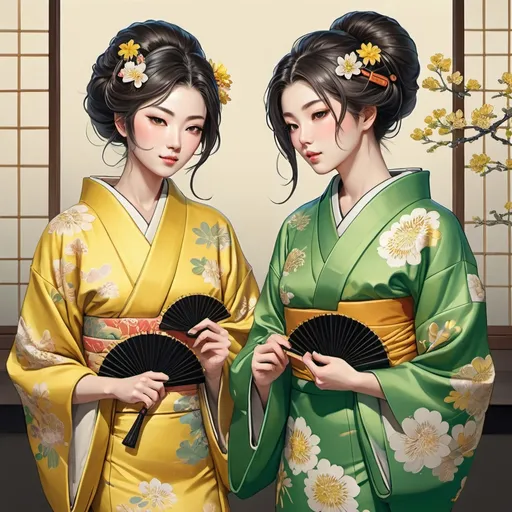 Prompt: Detailed, high-res illustration of two women in traditional kimonos, one in green holding a fan and mirror, the other in yellow playing a golden lute, intricate floral patterns on the kimonos, serene atmosphere, vibrant colors, traditional Japanese art, delicate details, elegant poses, professional, high quality, traditional art, detailed kimonos, serene ambiance, vibrant colors, professional lighting